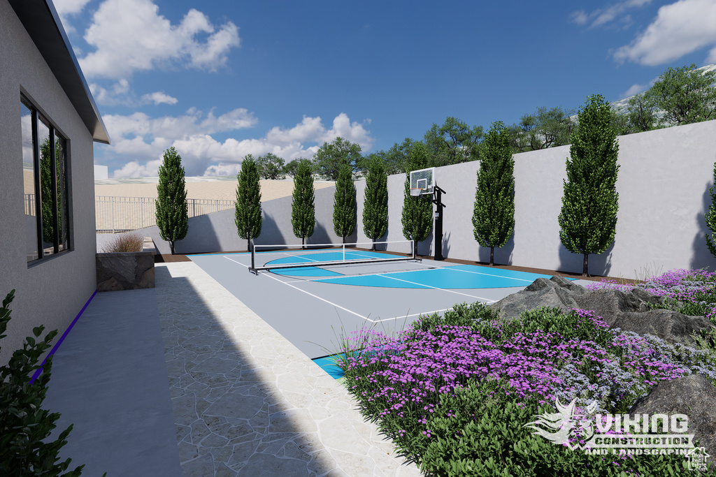View of pool featuring basketball court