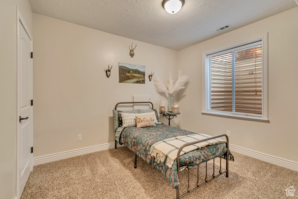 Bedroom with baseboards, carpet floors, a textured ceiling, and visible vents