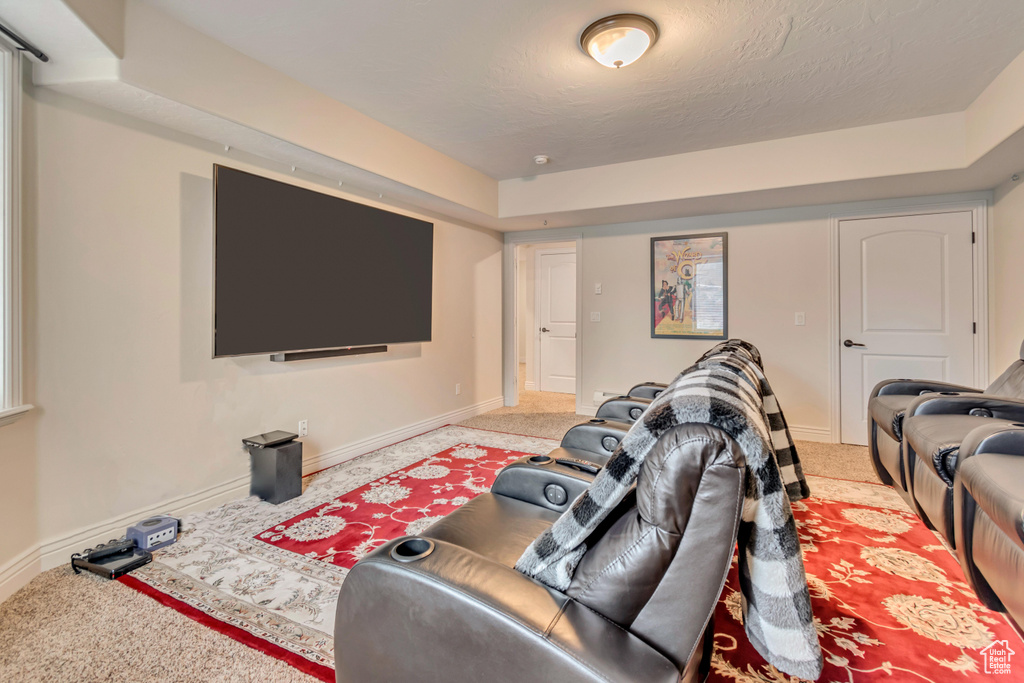 Home theater room featuring baseboards and a textured ceiling