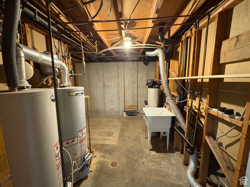 Unfinished basement with water heater