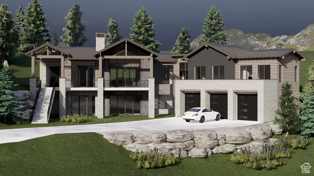 View of front of house with driveway, a garage, a chimney, a balcony, and stairs