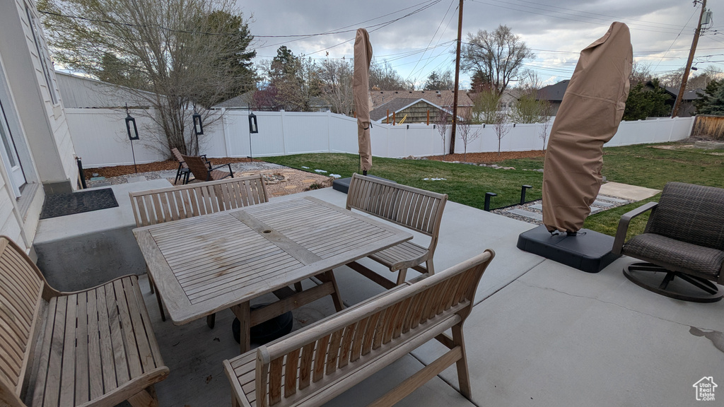 View of patio / terrace featuring a fenced backyard and outdoor dining area