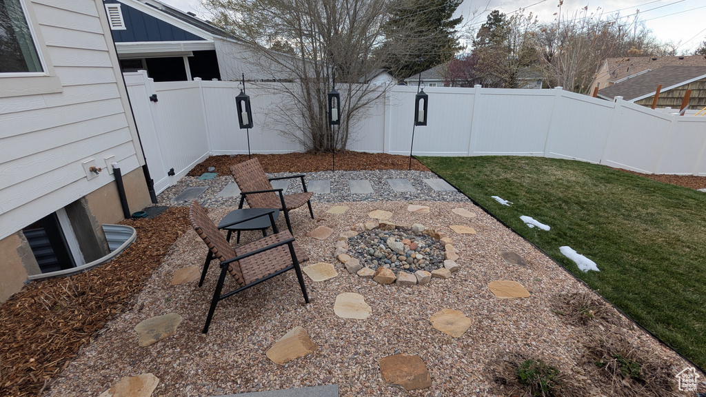 View of patio with a fenced backyard