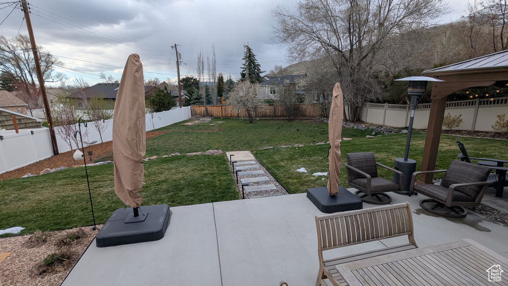 View of yard with a fenced backyard and a patio