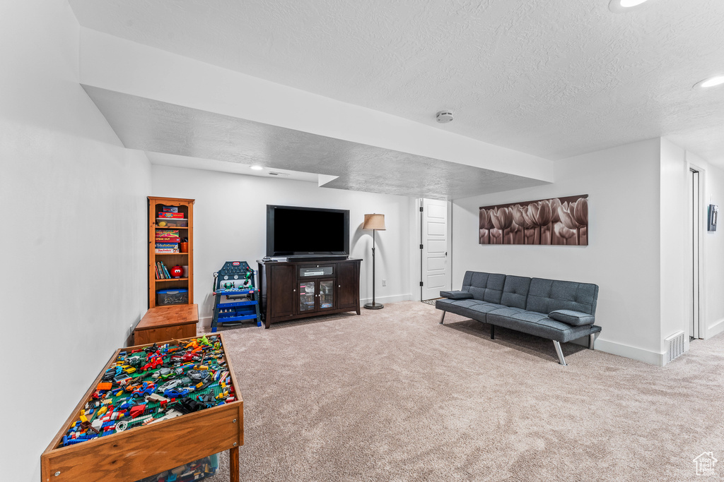 Living room with carpet floors, a textured ceiling, baseboards, and visible vents