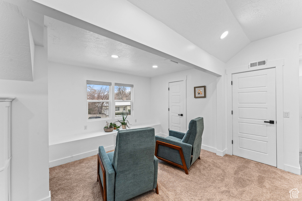 Office area with carpet flooring, lofted ceiling, and recessed lighting
