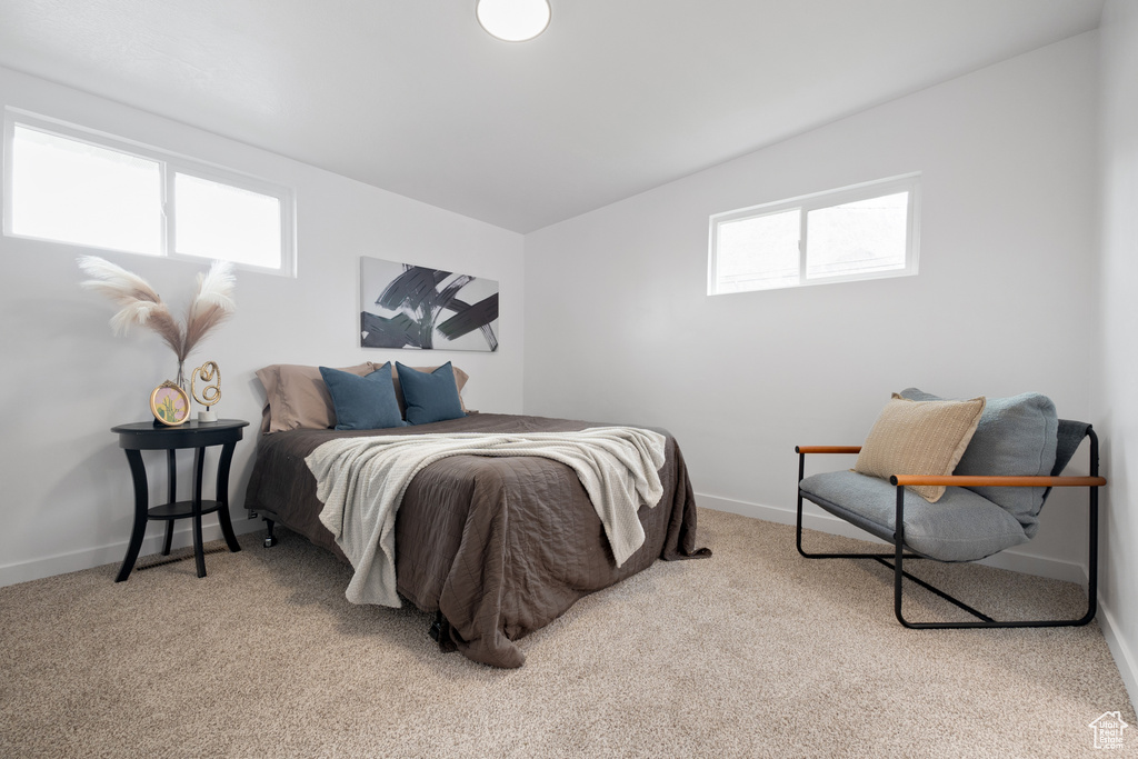 Bedroom with baseboards, lofted ceiling, and carpet floors
