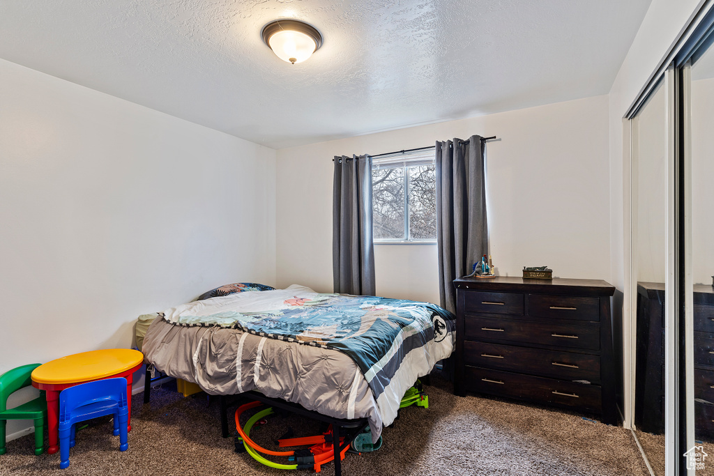 Carpeted bedroom with a closet and a textured ceiling