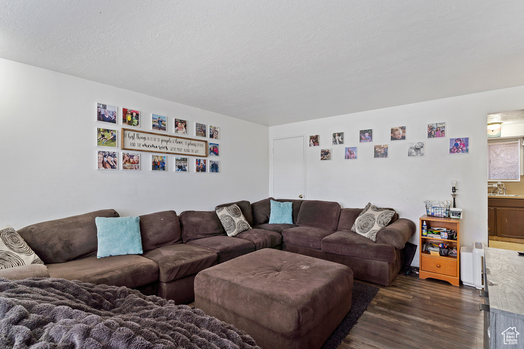 Living area with dark wood-style floors and a textured ceiling