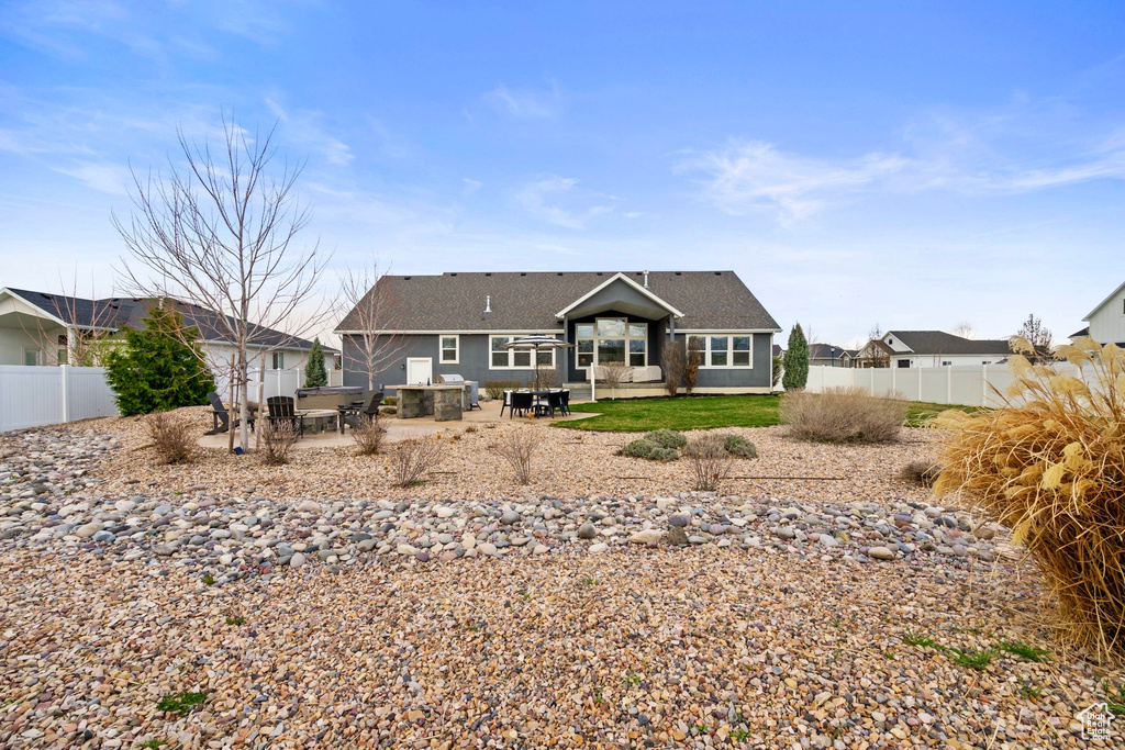 Back of property with a fenced backyard, roof with shingles, and a patio area