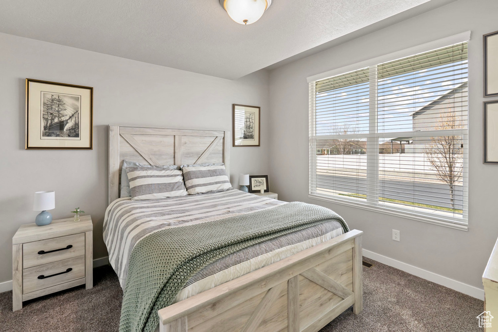 Bedroom featuring baseboards and dark colored carpet