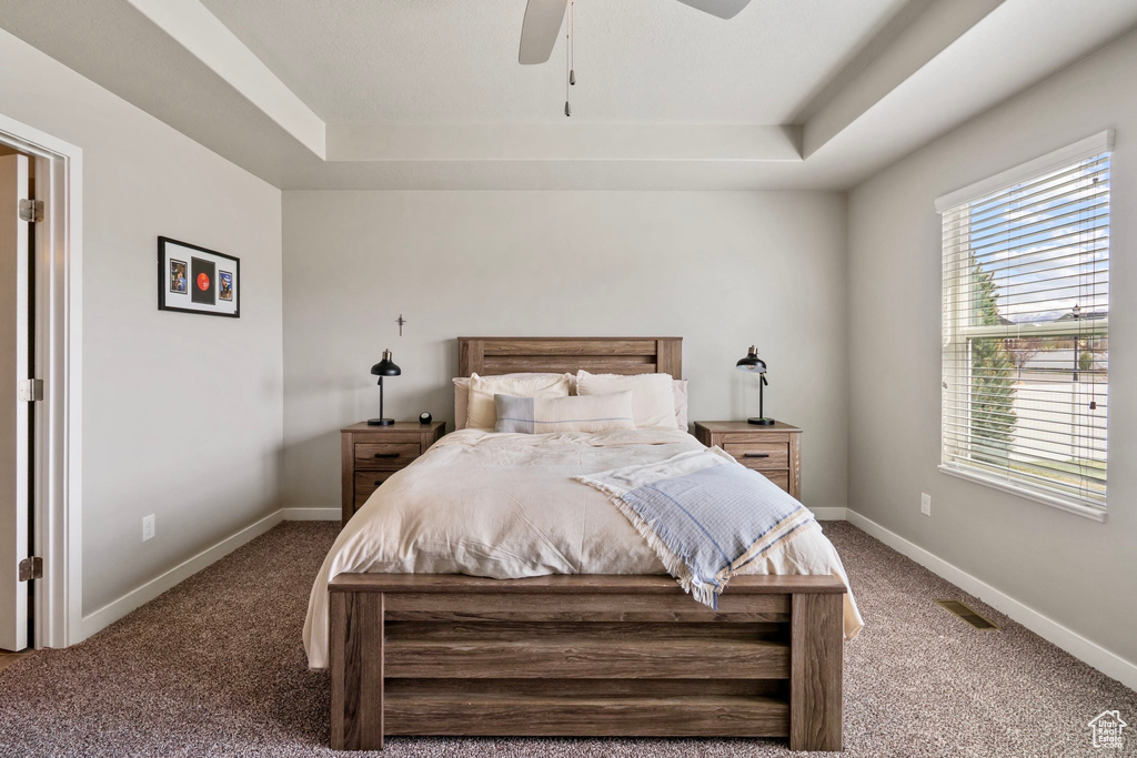 Carpeted bedroom featuring baseboards, ceiling fan, and a raised ceiling