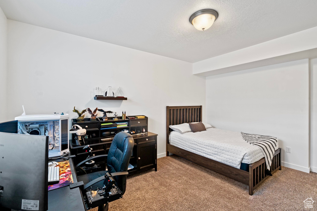 Bedroom featuring carpet floors, baseboards, and a textured ceiling