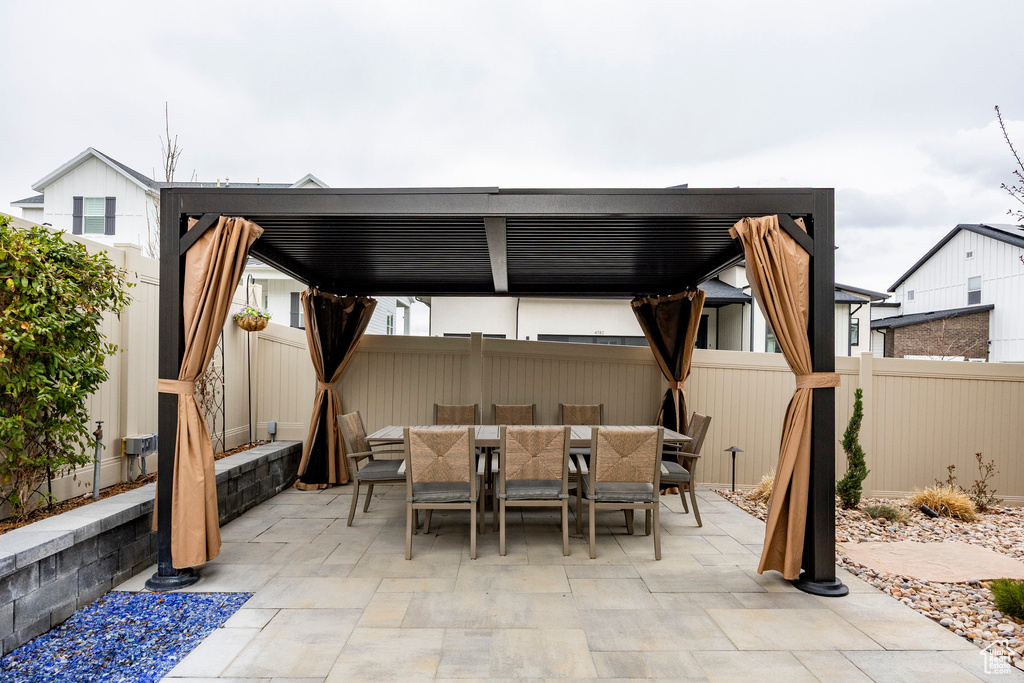 View of patio with a fenced backyard, a pergola, and outdoor dining space