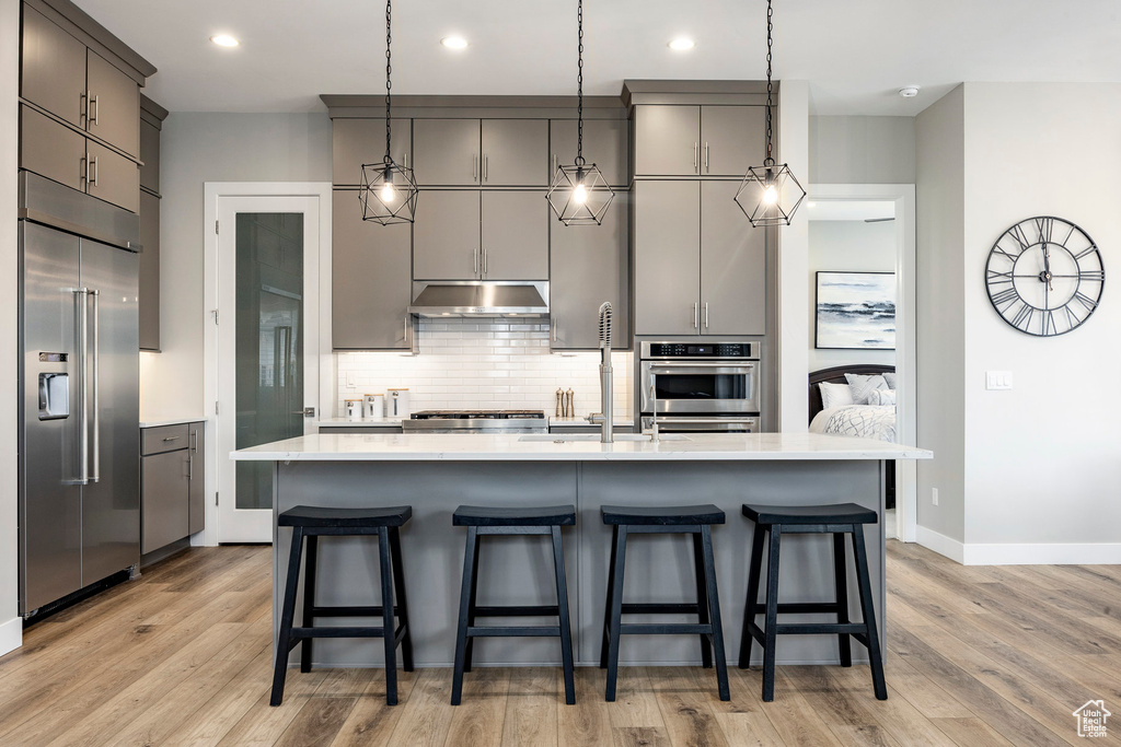 Kitchen featuring light wood-type flooring, under cabinet range hood, backsplash, gray cabinetry, and stainless steel appliances