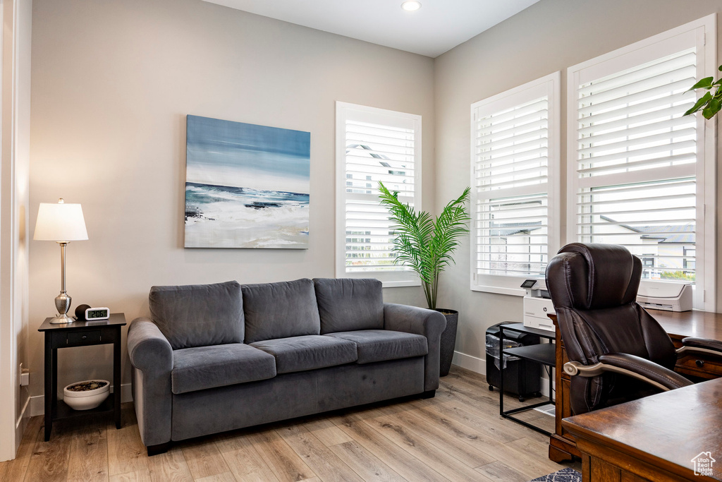 Office featuring recessed lighting, light wood finished floors, and baseboards