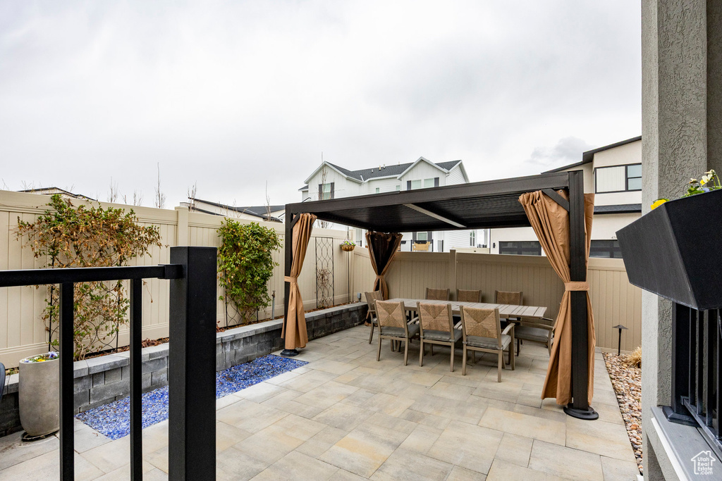 View of patio featuring outdoor dining area and a fenced backyard