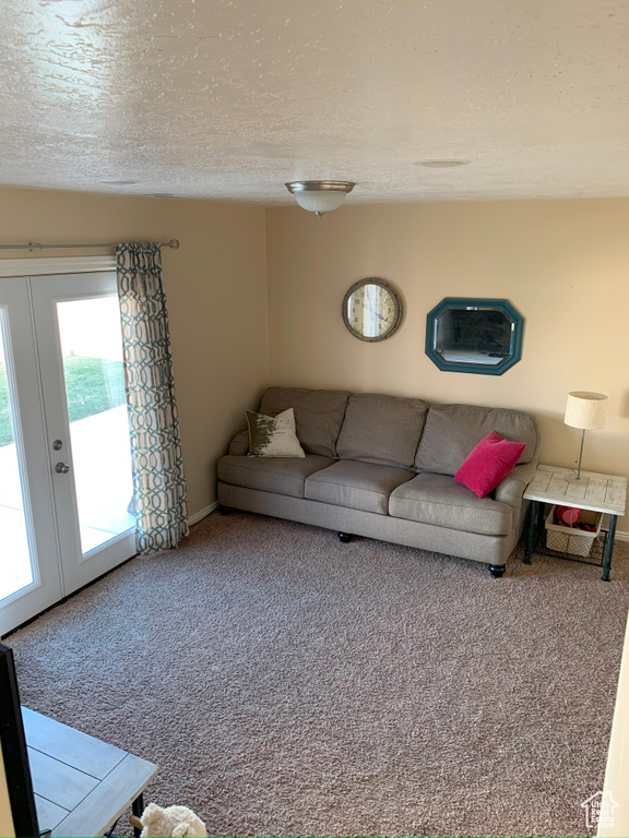 Living room with carpet flooring, baseboards, french doors, and a textured ceiling