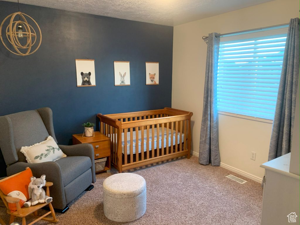 Carpeted bedroom featuring baseboards, a textured ceiling, visible vents, and a nursery area
