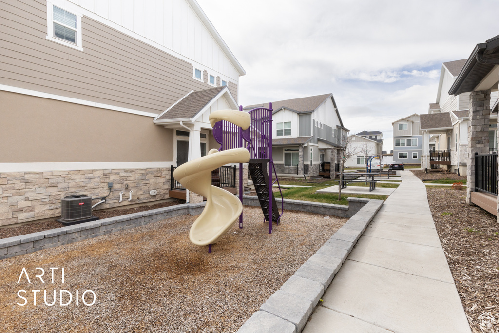 Communal playground with a residential view