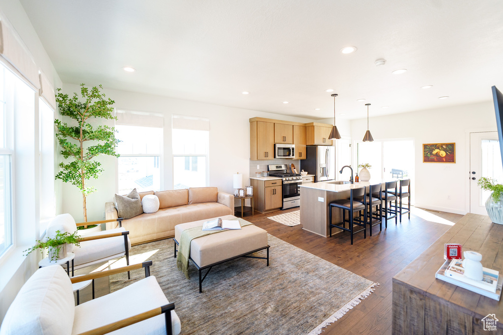 Living room with recessed lighting, dark wood-style floors, and a wealth of natural light
