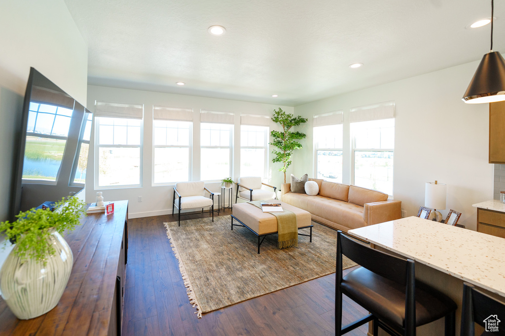 Living area with baseboards, recessed lighting, and dark wood-type flooring