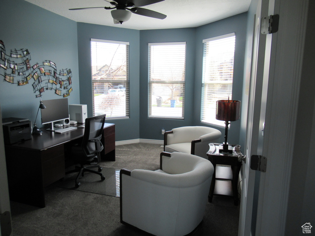 Office featuring baseboards, ceiling fan, and dark colored carpet