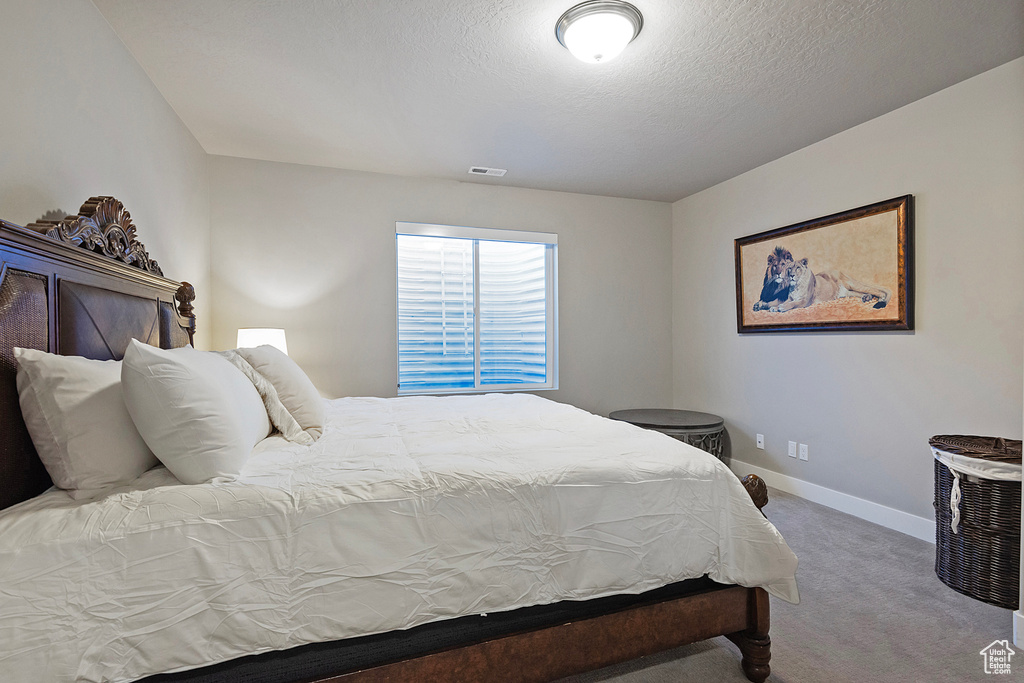Carpeted bedroom with visible vents, baseboards, and a textured ceiling