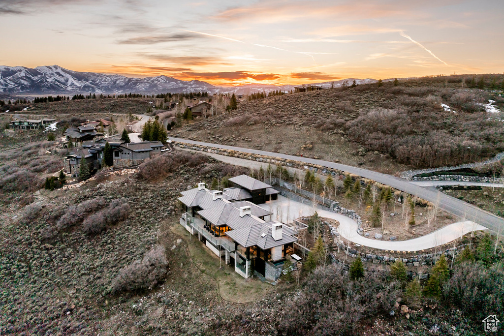 Aerial view at dusk of a mountain view