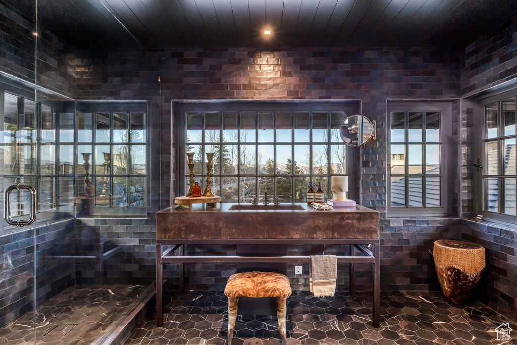 Bathroom with wooden ceiling