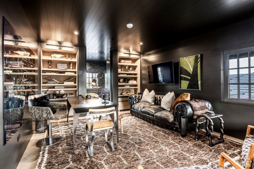 Office space featuring wooden ceiling