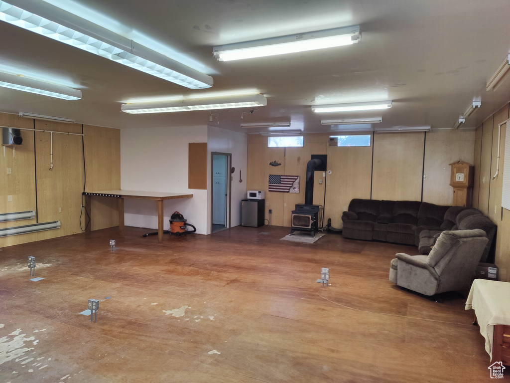 Interior space featuring a wood stove
