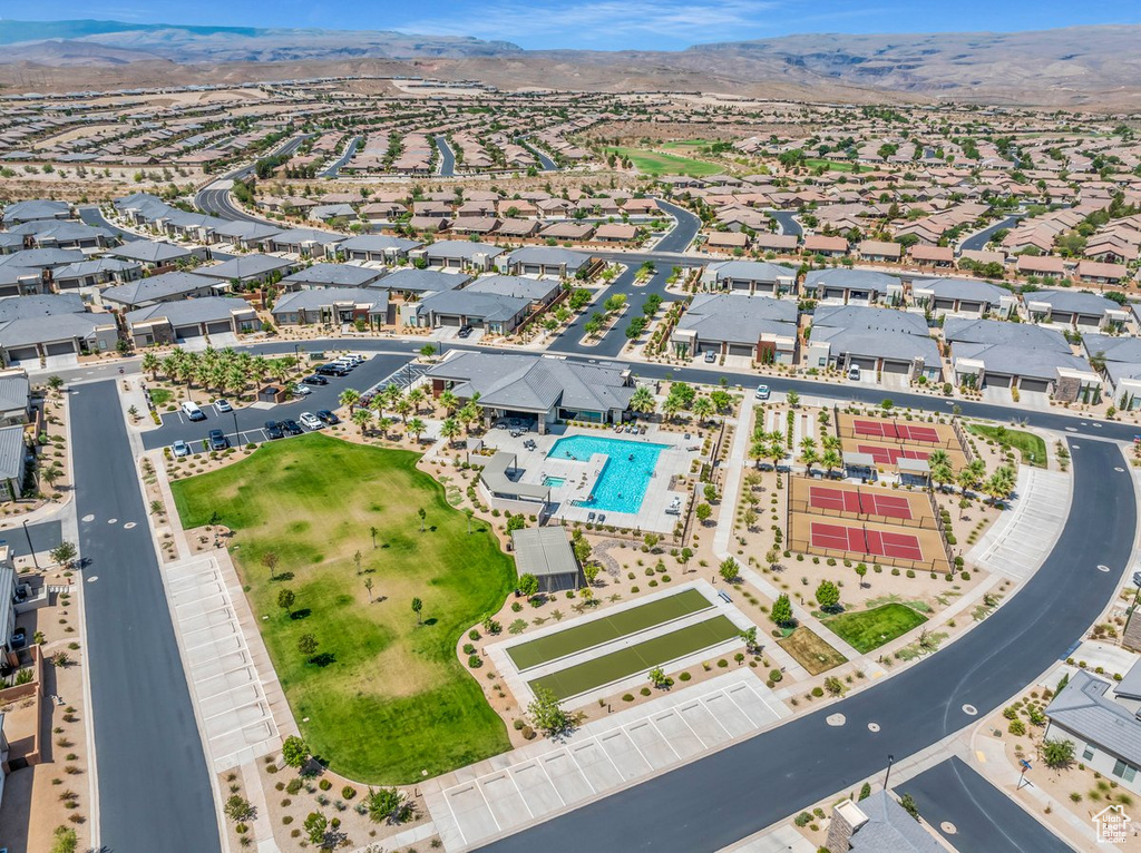 Drone / aerial view featuring a residential view and a mountain view