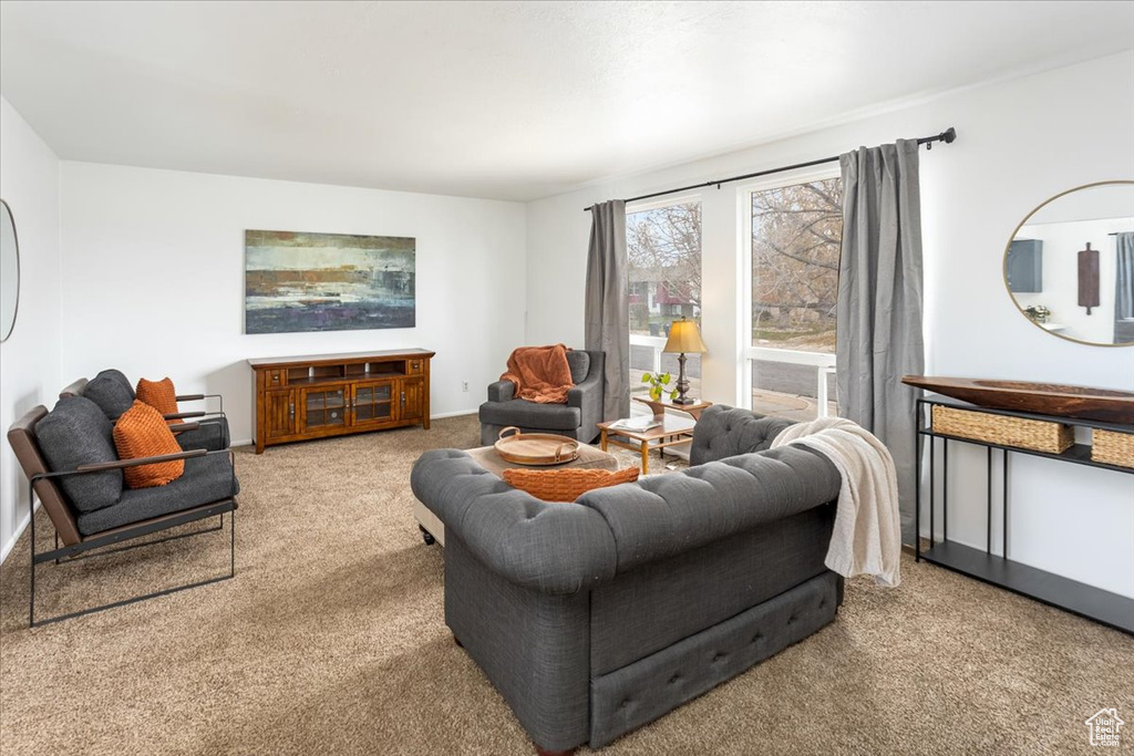 Carpeted living room featuring baseboards