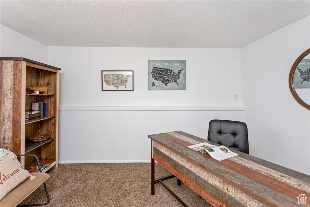 Carpeted office with baseboards and a textured ceiling
