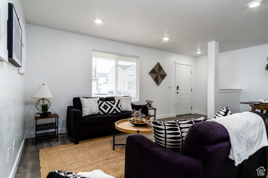 Living room featuring baseboards, wood finished floors, and recessed lighting