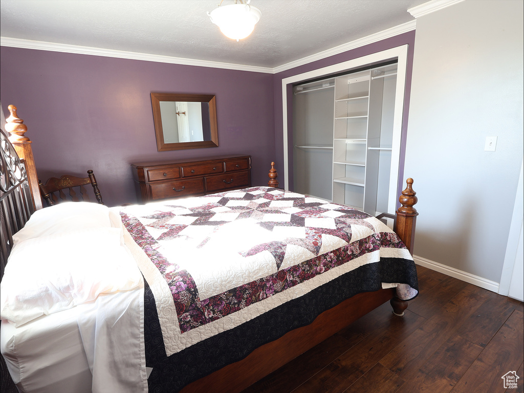 Bedroom featuring a closet, ornamental molding, and wood finished floors