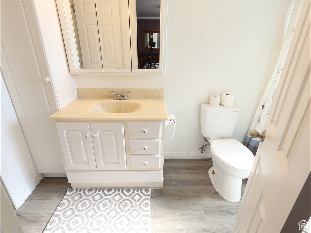 Bathroom featuring baseboards, wood finished floors, toilet, and vanity