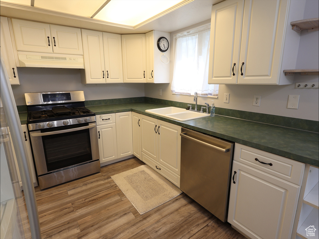 Kitchen featuring a sink, dark countertops, stainless steel appliances, and under cabinet range hood