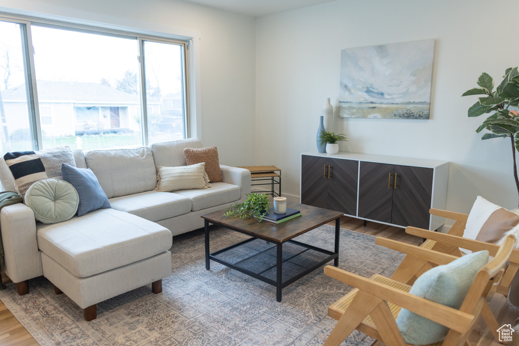 Living area with wood finished floors