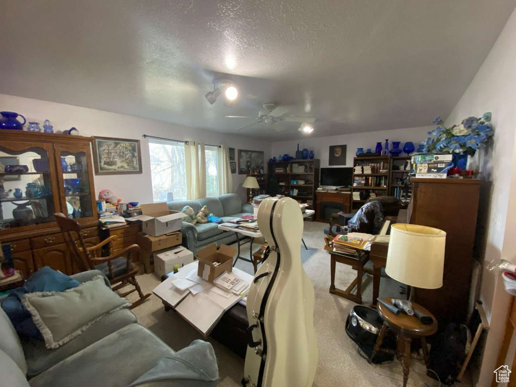 Living room with a textured ceiling, carpet, and a ceiling fan