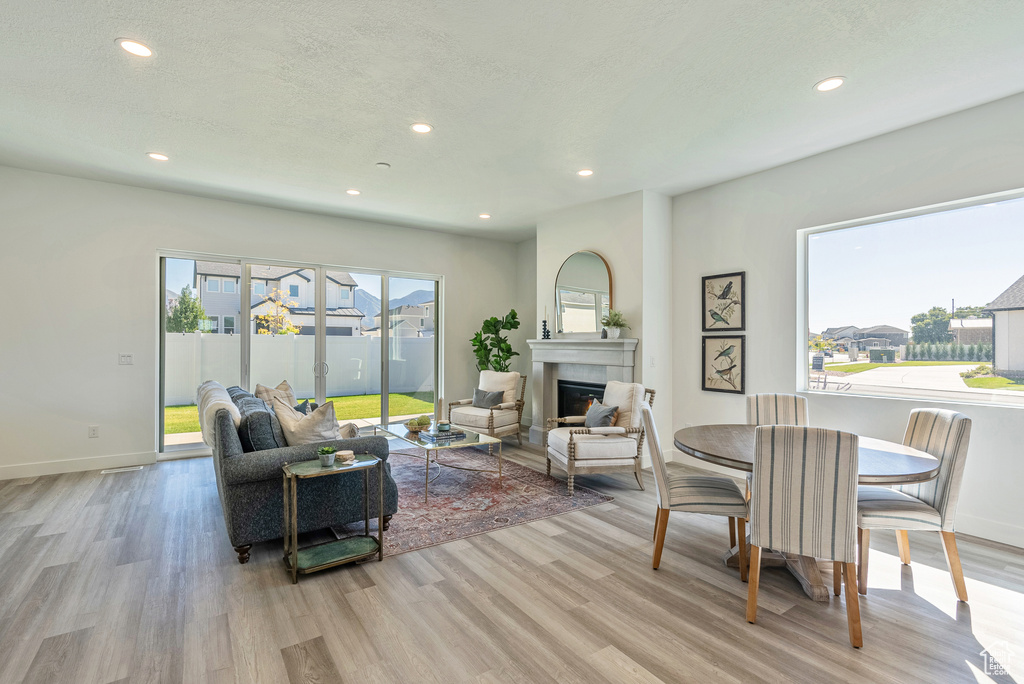 Living room with light wood finished floors, a wealth of natural light, recessed lighting, and a glass covered fireplace