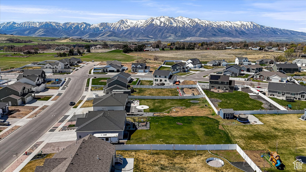 Aerial view of residential area with mountains