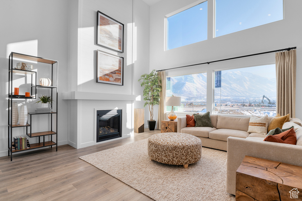 Living area featuring a high ceiling, baseboards, wood finished floors, and a glass covered fireplace