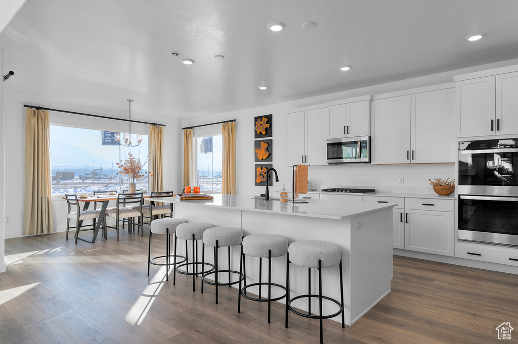 Kitchen featuring a breakfast bar area, stainless steel appliances, dark wood finished floors, a center island with sink, and a sink
