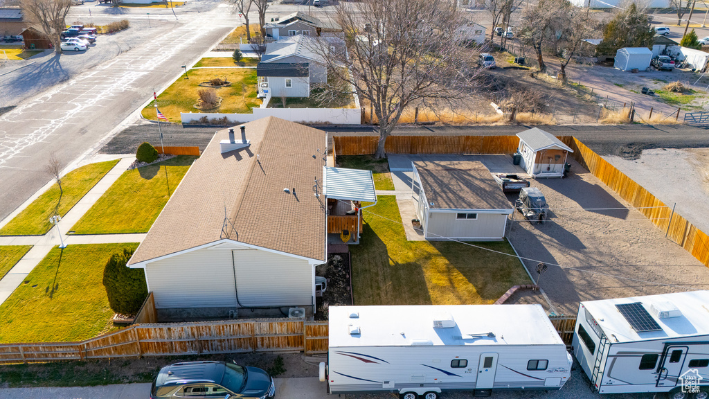 Birds eye view of property with a residential view