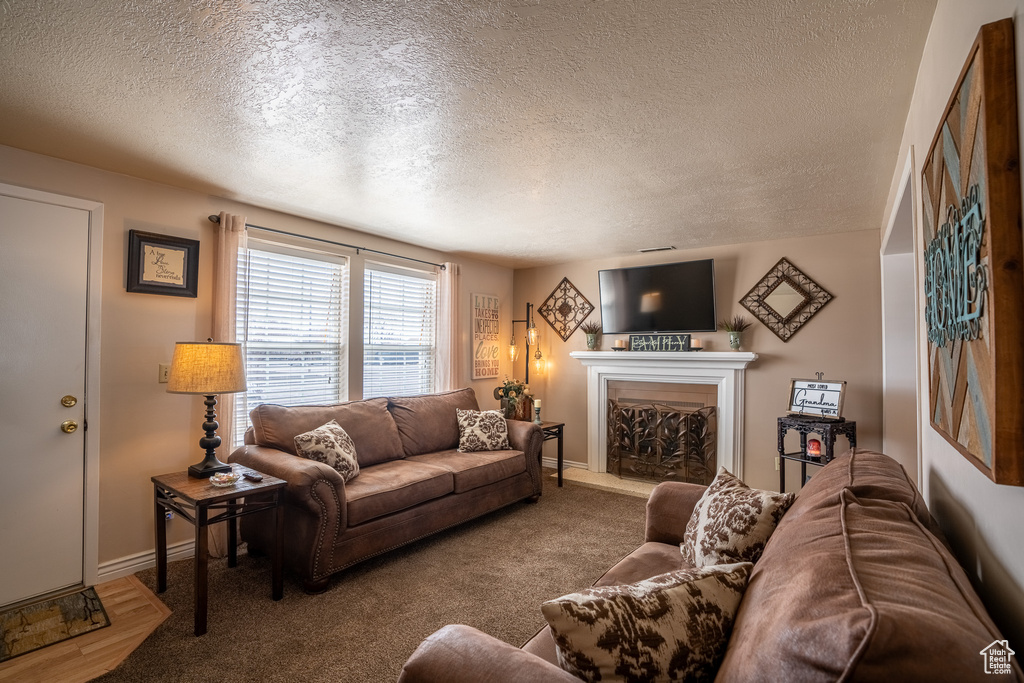 Carpeted living room with baseboards, a fireplace with raised hearth, and a textured ceiling