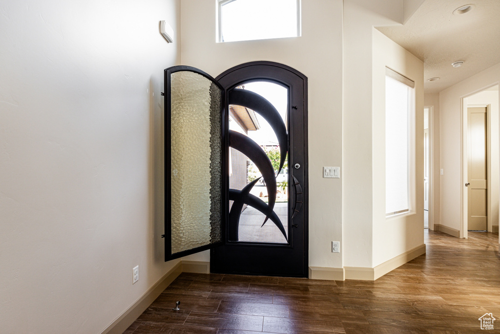 Foyer entrance featuring a wealth of natural light, wood finished floors, and baseboards