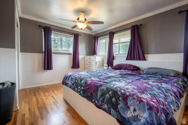 Bedroom with ornamental molding, wainscoting, wood finished floors, and multiple windows