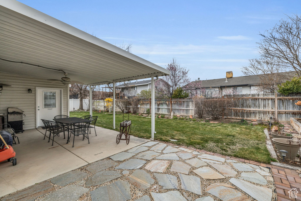 View of patio featuring a fenced backyard, outdoor dining space, and a ceiling fan